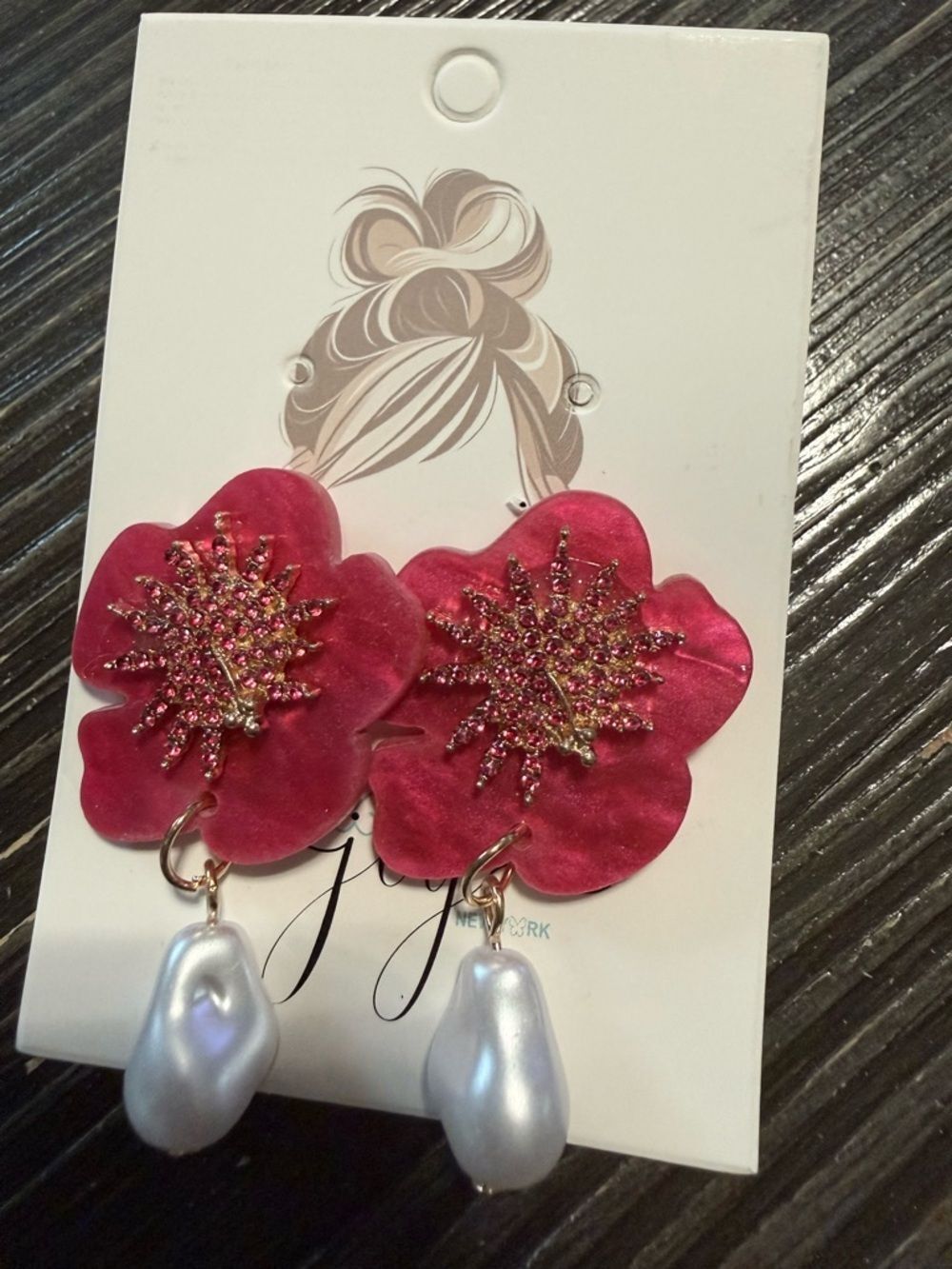 Joy New York Pink Floral Drop Earrings with Pearl Dangles